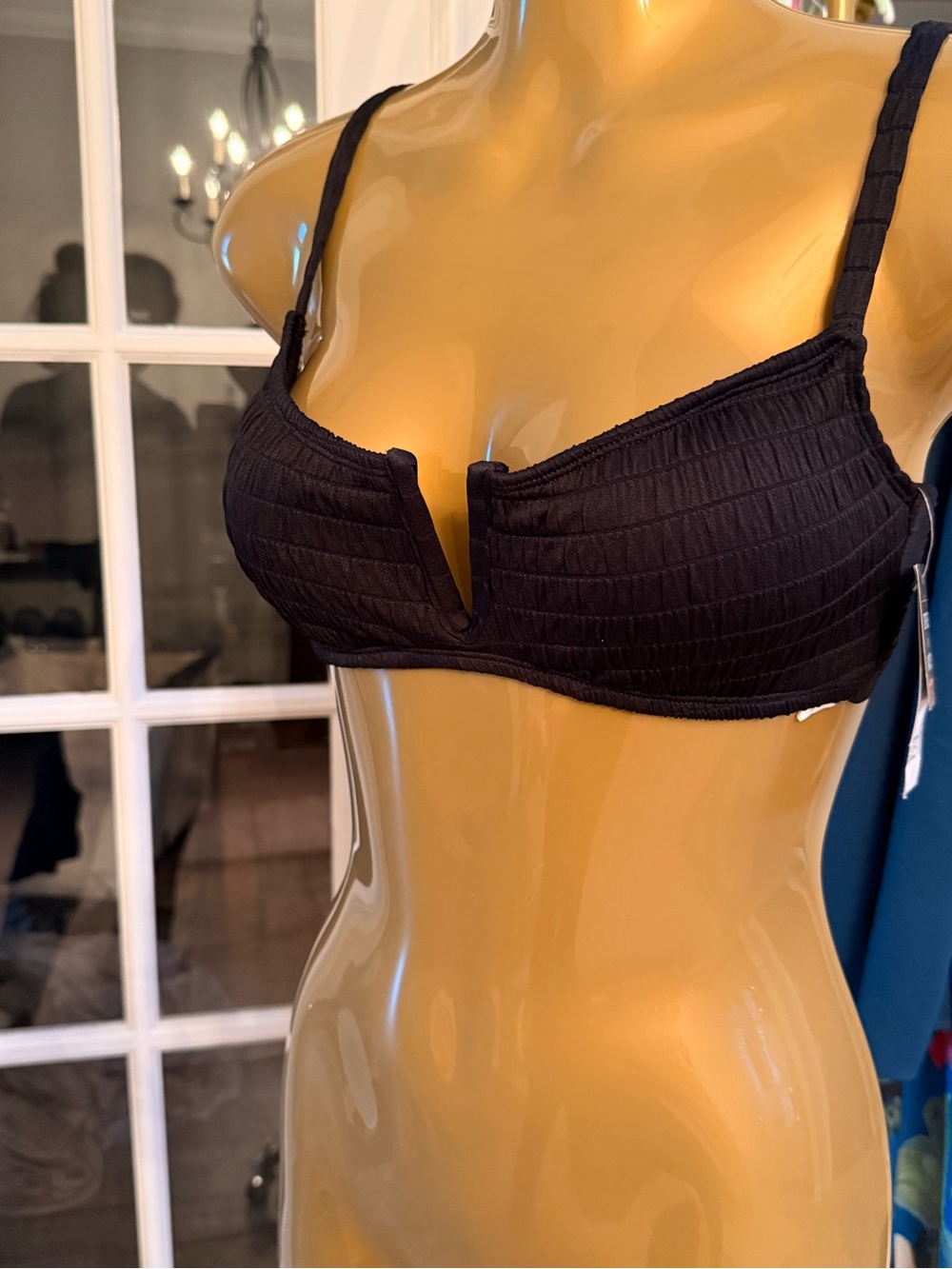Bar III Black Ribbed V-Notch Bikini Top